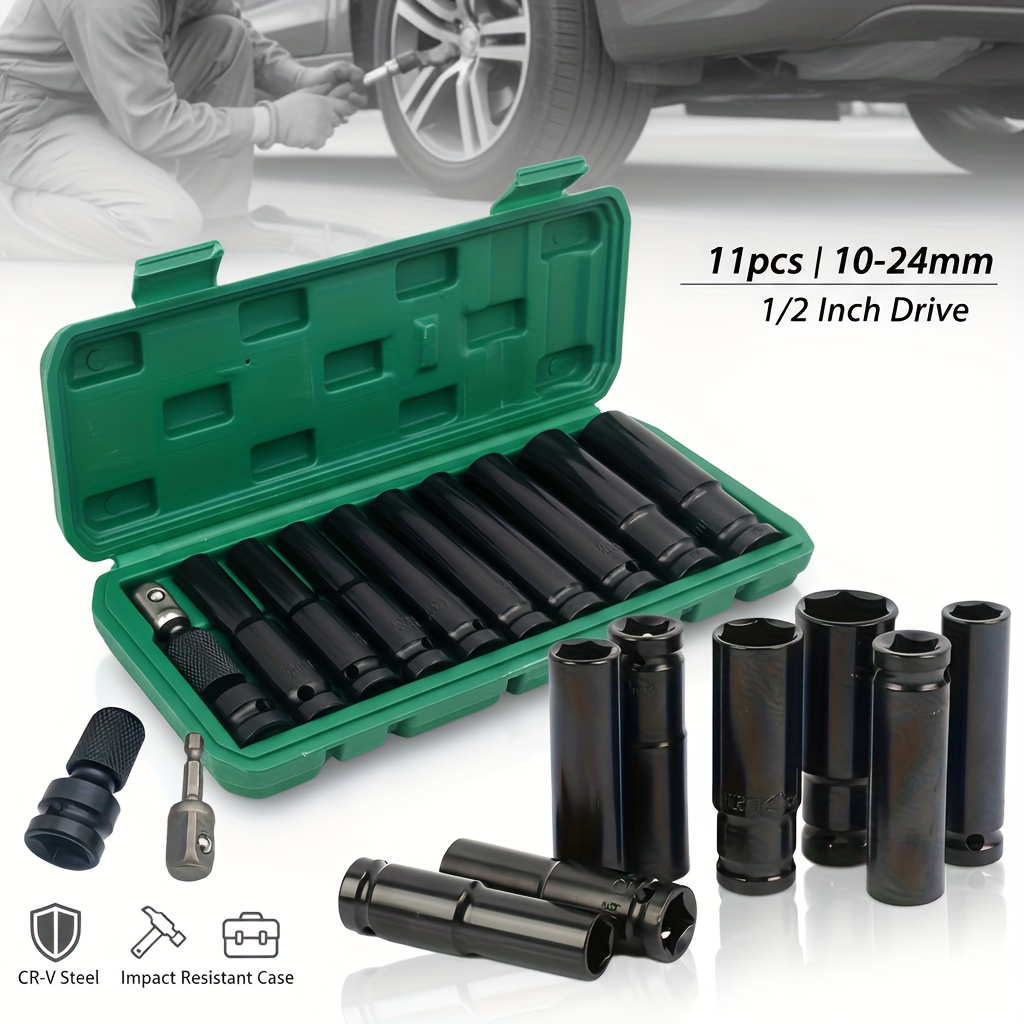 TEMU 11pcs 1/2 Inch Drive Deep Impact Socket Set 10-24mm Metric Crv Steel Heavy Duty Auto Repair Tools With Case