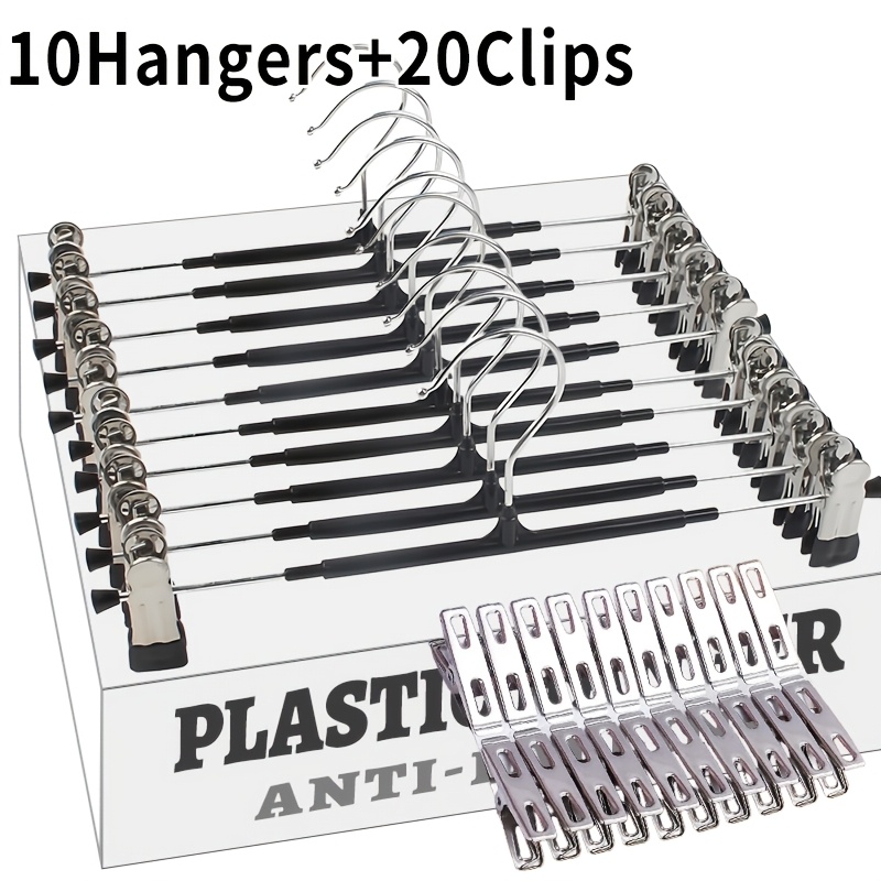 E-shop 30 Sets mit 10 Hosenbügeln + 20 Clips, Haushalts-Unsichtbare Bügel, Hosen- Unterwäsche-Clips, JK-Bügel, Rutschfeste Haken für Anzüge, Schals