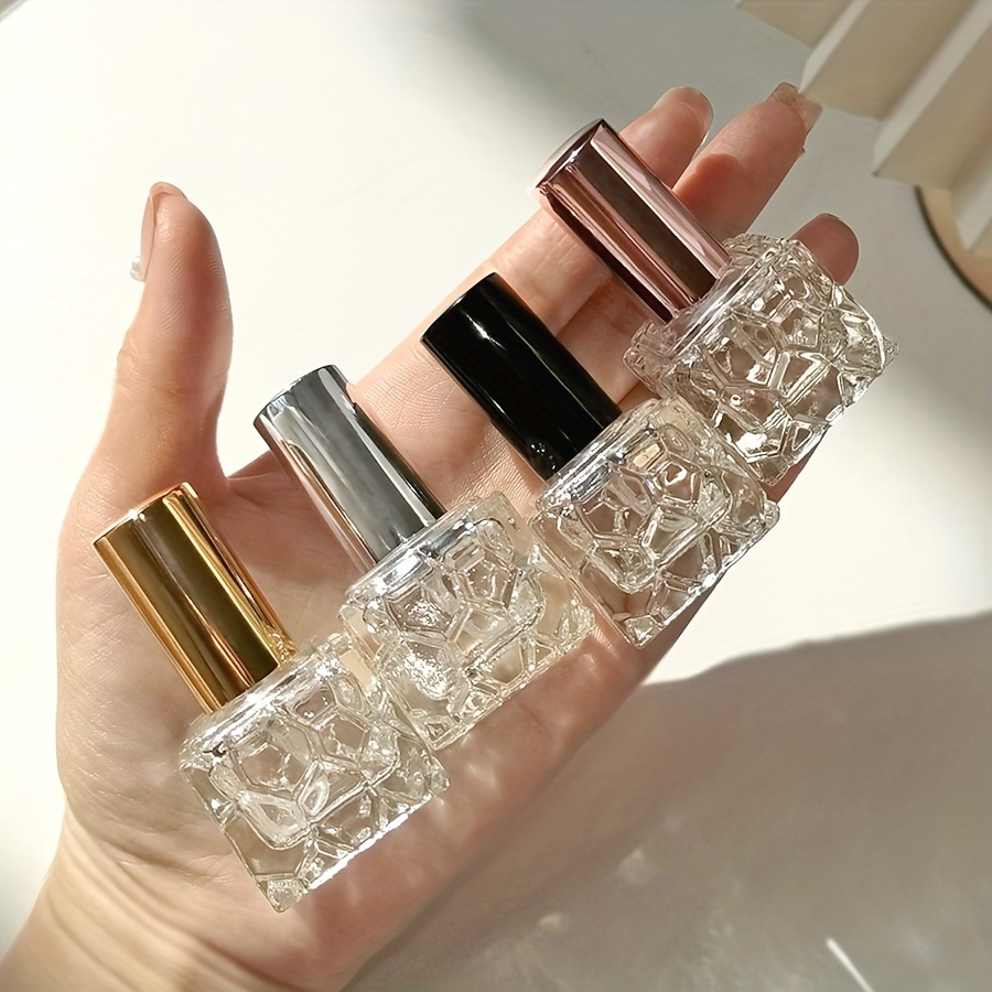 TEMU 4-pack 10ml Square Textured Glass Perfume Bottles, Portable Mini Spray Atomizer, Refillable, Travel-friendly, With Fine Mist Sprayer, Elegant Personal Fragrance Vial, Assorted Metallic Caps