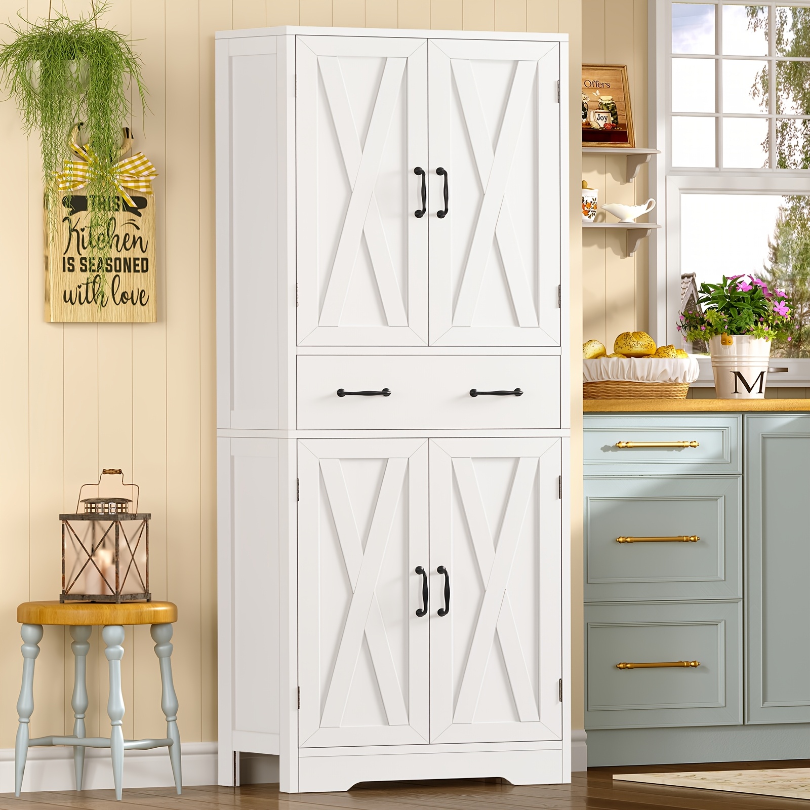 TEMU Door Style Tall Storage Cabinet For The Kitchen Or Pantry, Featuring 1 Drawer And Adjustable Shelves