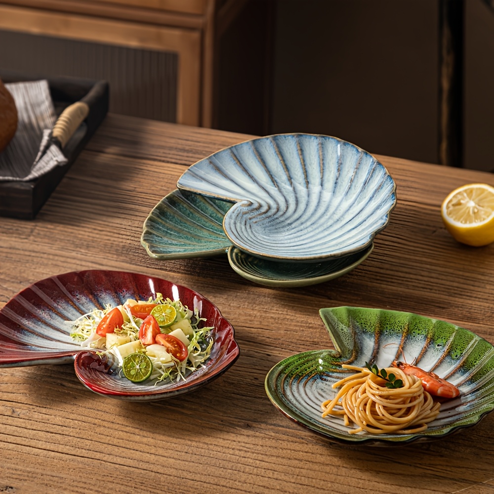 изображение предмета набор керамических тарелок морская ракушка, 2/4 шт. - уникальная форма и элегантная глазурь,   подходят для салатов, десертов и закусок. жаропрочные, можно использовать в духовках и микроволновых печах.