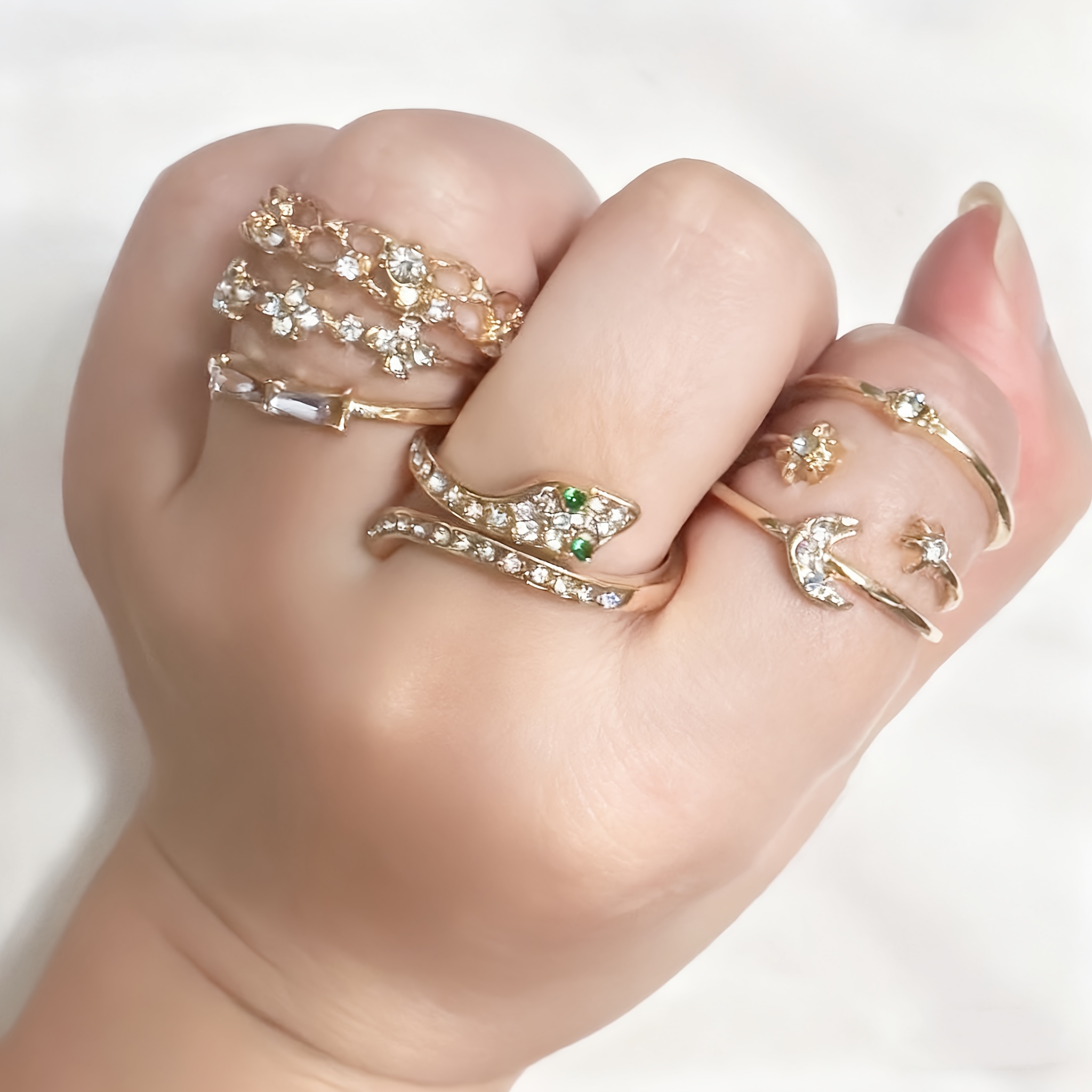 TEMU European-american Cross-border Bohemian Ring Set - 7pcs Star, Moon, Gemstone And Snake Design Ring Collection