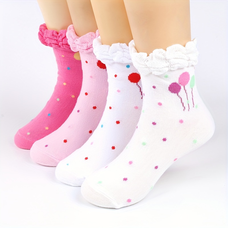 

4 Pairs Of Girl's Adorable Bubble Lace Ballon Pattern Crew Socks, Comfy Breathable Casual Soft & Elastic Socks, Spring & Summer