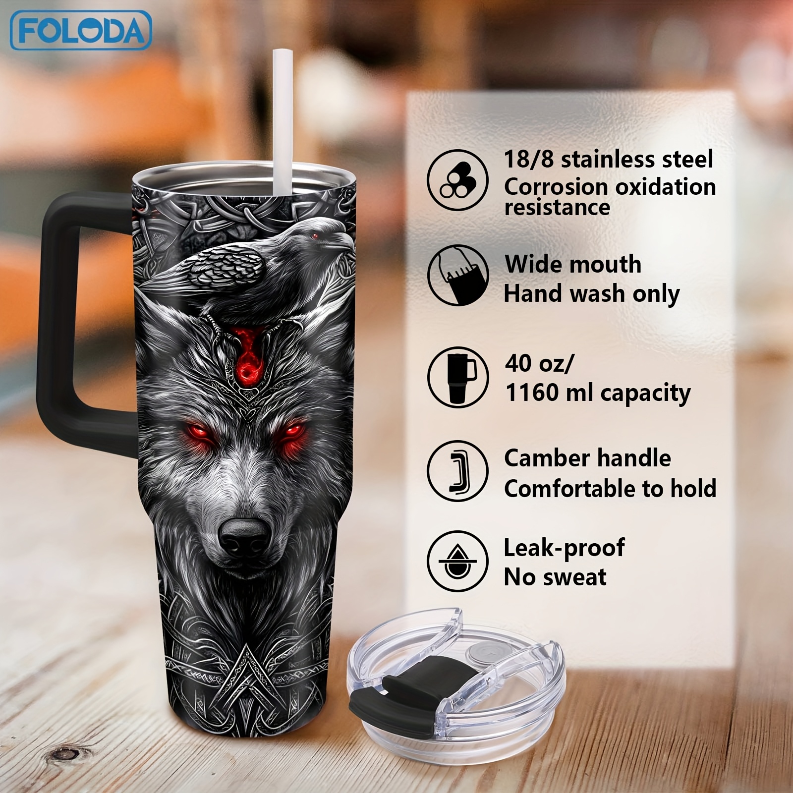 Gobelet Viking Wolf Foloda de 40 oz avec poignée et paille - Tasse de voyage isotherme en acier inoxydable, étanche, cadeau parfait pour les hommes, fête des pères, anniversaire, Noël, tasse de voiture pour l'extérieur, tasse de voyage pour café