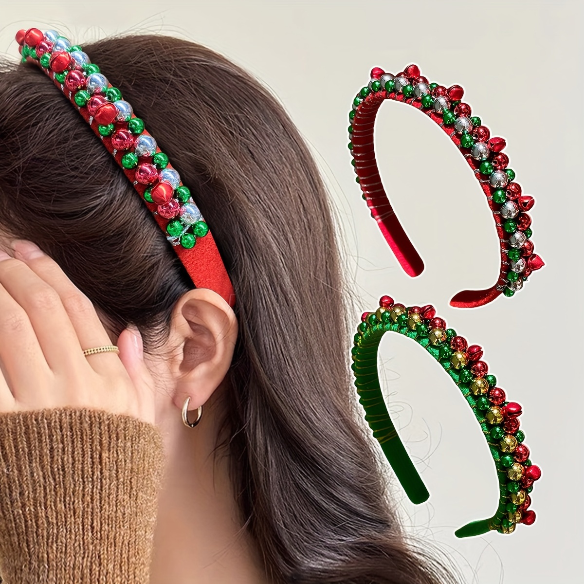 

Red & Green Christmas Headband With Beaded Bell Accents - Cute Alloy Hair Accessory For Festive Parties