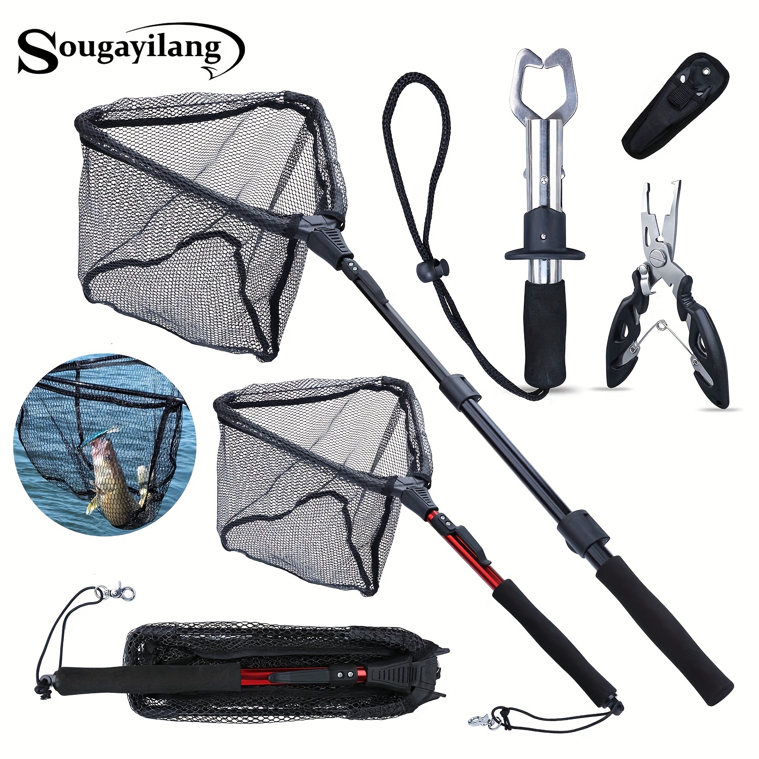 

Sougayilang Fishing Tool Set, Telescopic Folding Net, Eva Handle, Nylon Net Bag, Stainless Controller, Fishing Pliers