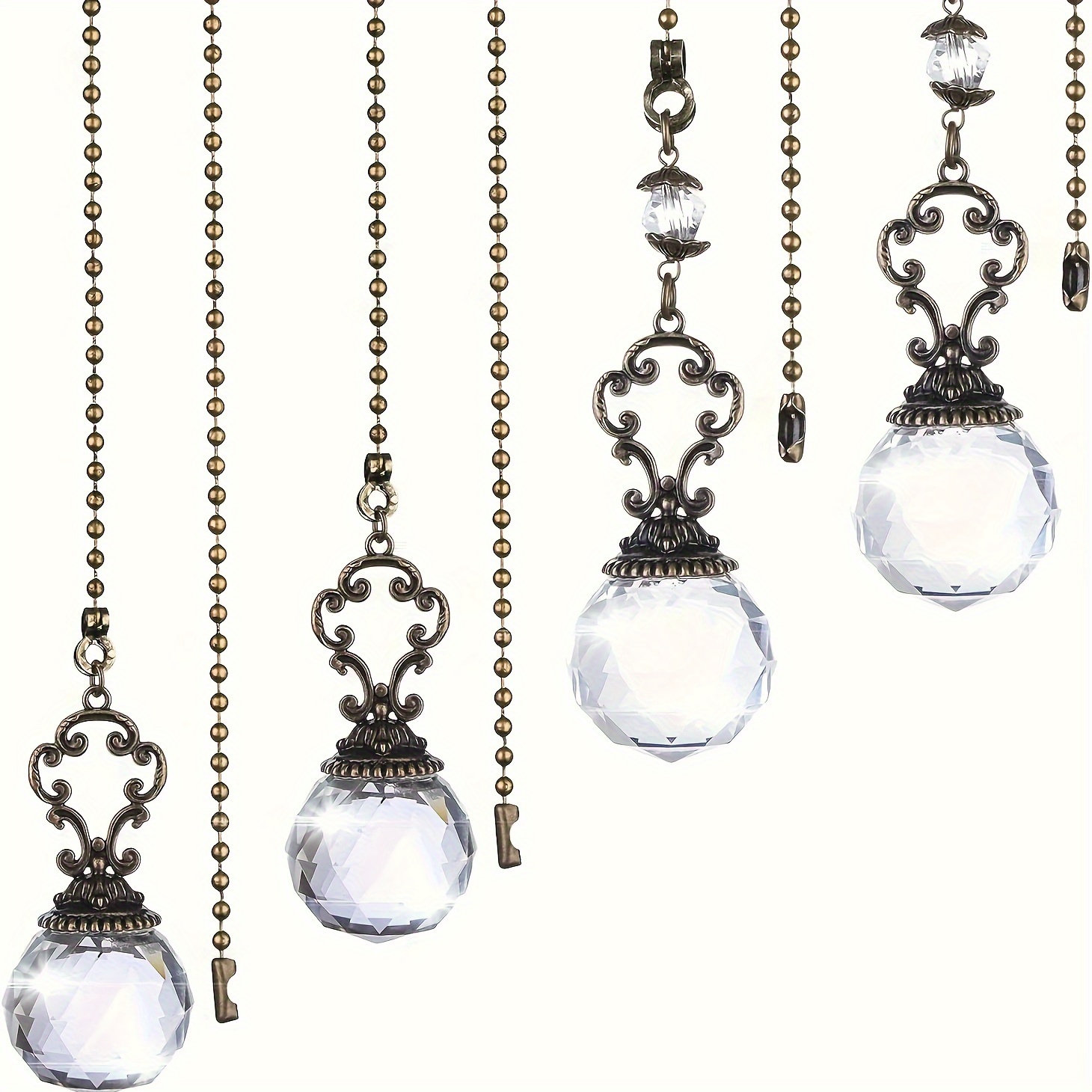 

4-piece Vintage Crystal Ball Ceiling Fan Pull Chains - Adjustable, Polished Metal Finish, No Battery Needed