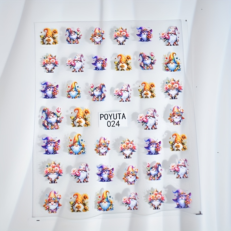 A Sheet Of Nail Art Stickers Featuring Adorable Characters And Colorful Floral Designs, Perfect For Or Nail Salons. Cartoon-themed Stickers Have A Shiny Surface And Irregular Shapes