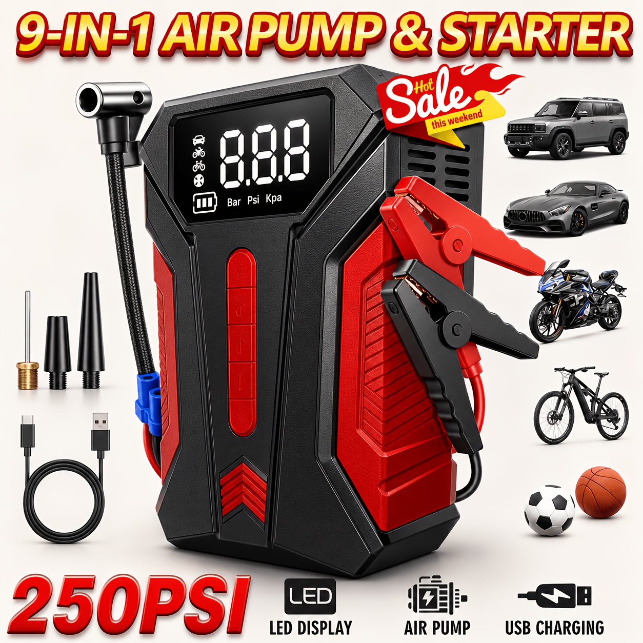 TEMU 15000a Portable Vehicle Emergency Starter Power Supply, 250 Psi Electric Air Pump, With Digital Pressure Gauge, Auto Shut-off, Led Light, With