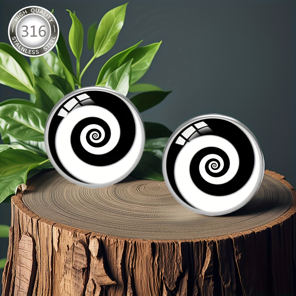 Image of A Pair Of Stylish Black And White Earrings Made Of Steel, Featuring Hypoallergenic Studs With Convex Glass Inlays, Suitable For Men And Women. Fashionable Additions Are Wear, Parties
