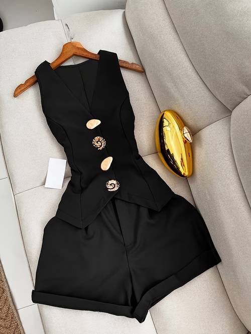 summer elegant casual comfortable solid v neck sleeveless off shoulder button and zipper pocket short shorts 2pcs set womens pants set belt free