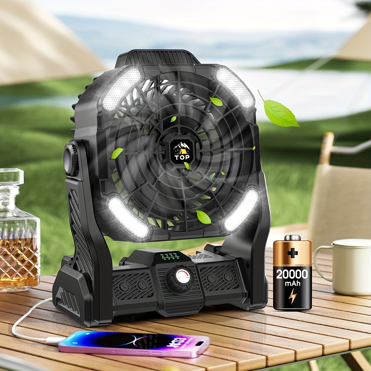 TEMU 20000mah Portable Usb Battery Fan With Led Lantern Usb Tpyec Rechargeable Battery Operated Fan Outdoor Fan With Light & Hook, 4 Personal Usb Desk Fan For Camping (black)
