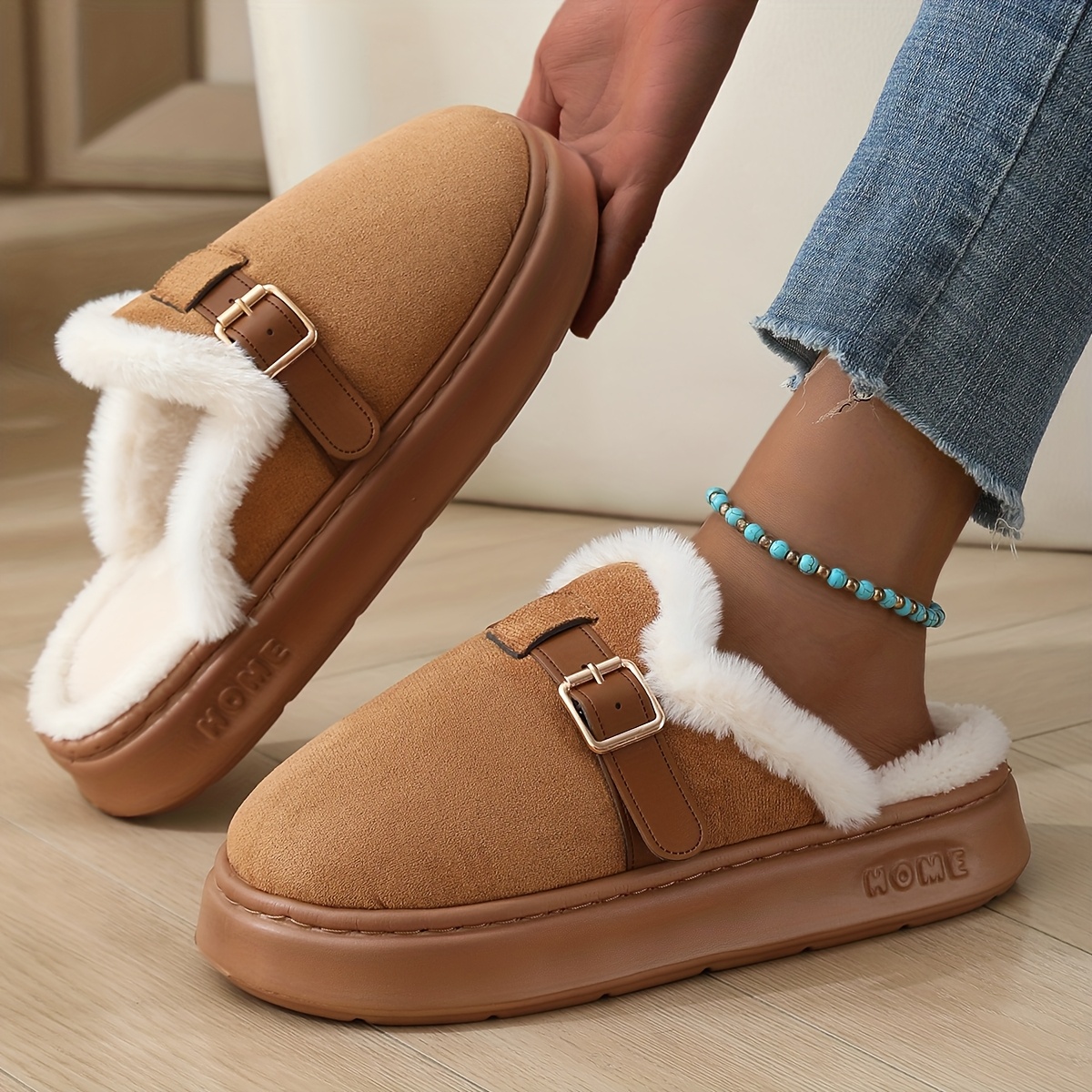Image of Autumn Elegant Fashion Plush Bow Decoration Women's Home Slippers, Women Shoes