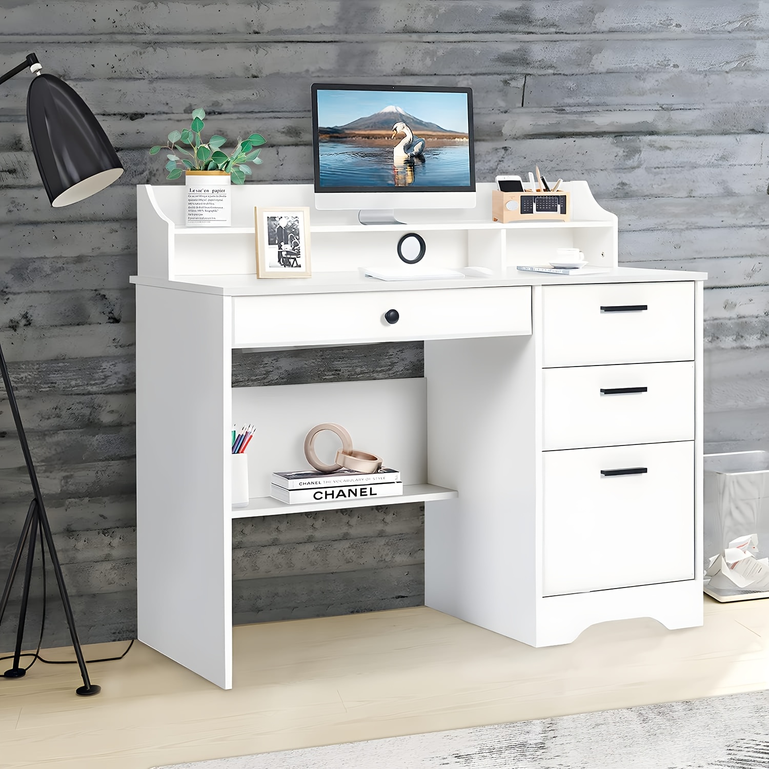 

Desk With Drawers And Storage, Home Office Desk Computer Desk With 4 Drawers & Hutch, Home Desk Small White Desk With Drawers For Bedroom, Home Office