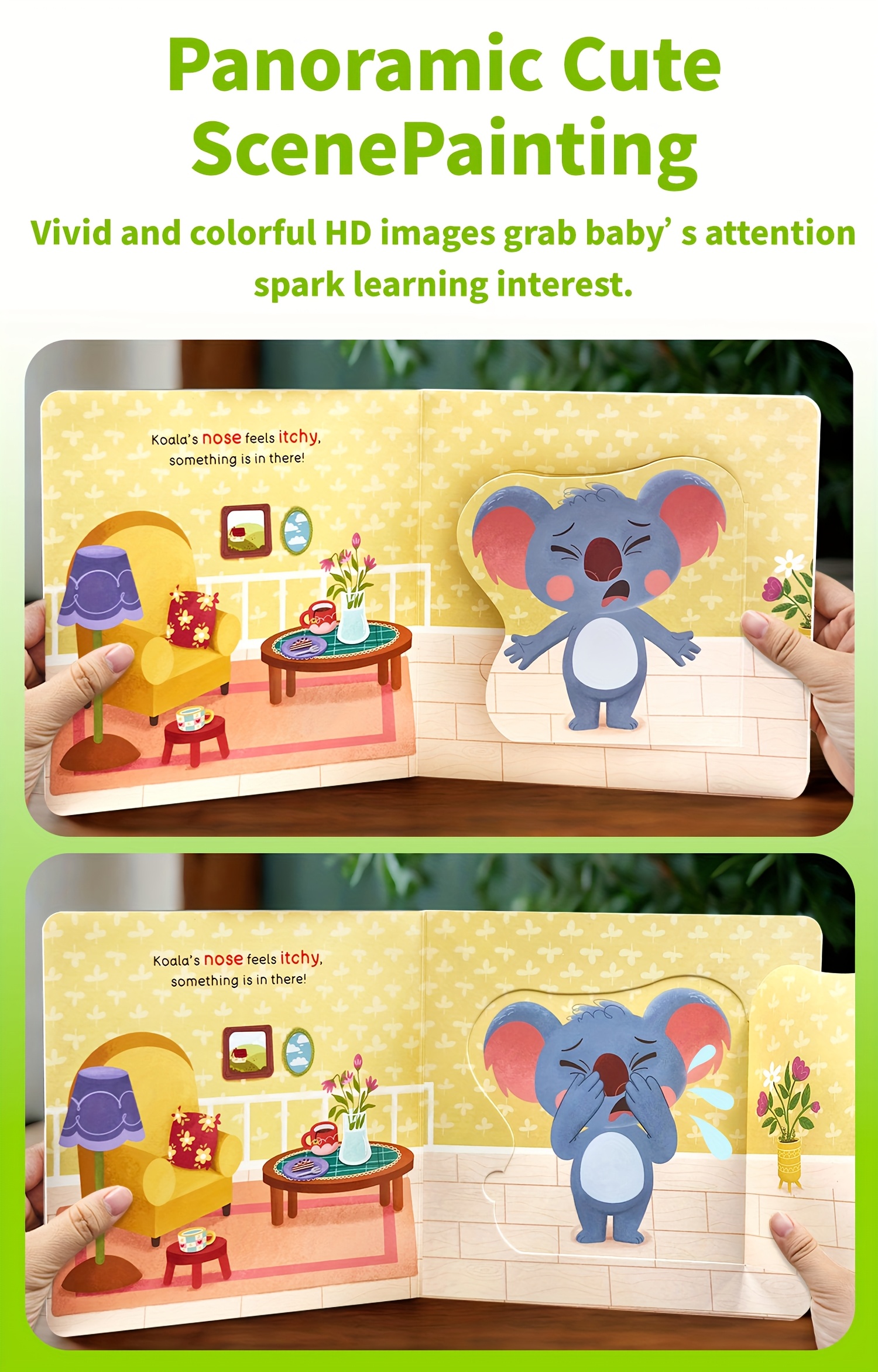 Baby busy book, Sneeze and Sniffle, Cultivates Good Hygiene Habits & Independent Operation Skills Fun Mechanical, Lift-the-Flap Books, interactive sensory book, clean habit, daily routine, english early learning, good behavioral habits in children, improve independent ability, fun mechanical books, hands-on ability, Christmas & Birthday Present, push and pull, kaola, lion, dianosaurs, sheep, farm cow, elephant, rooster, animals series.