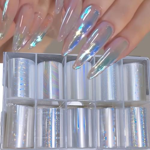 10 rolls holographic laser silvery nail transfer foils galaxy paper stickers glossy polypropylene pre fantasy theme single use