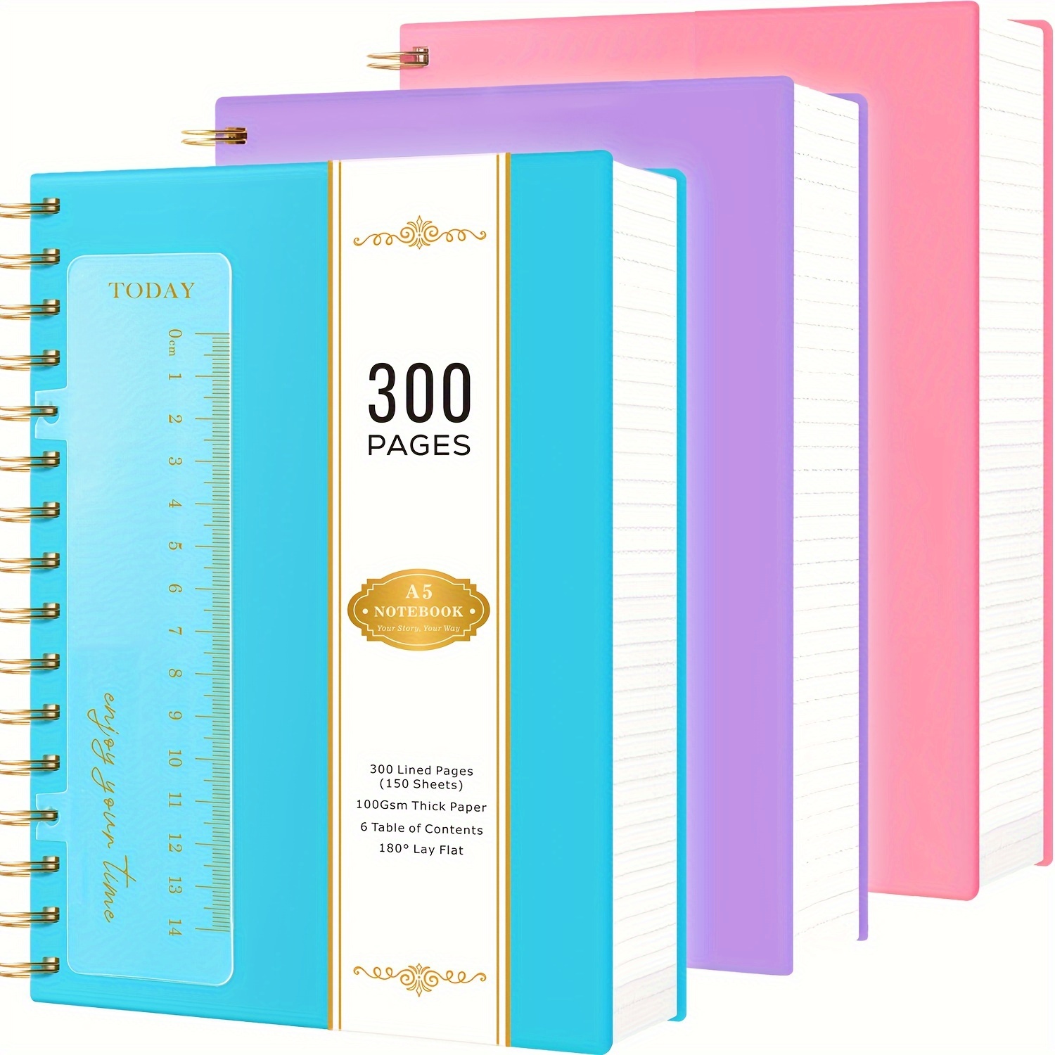 

3 Pack Spiral Notebook Journal, A5 Hardcover Notepad With 300 Pages Lined Paper, College Ruled Notebook With Bookmark, Pvc Waterproof Cover, 100gsm Paper, 5.7 X 8.4in