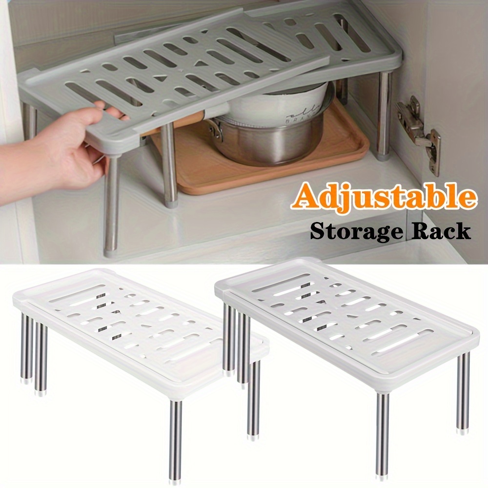 

1pc Expandable Cabinet Organizer Shelf, Adjustable Storage Rack, Kitchen Cupboard Organizer, Free Standing Spice Rack, Retractable Storage Racks For Bathroom, Countertop, Pantry (white/gray)