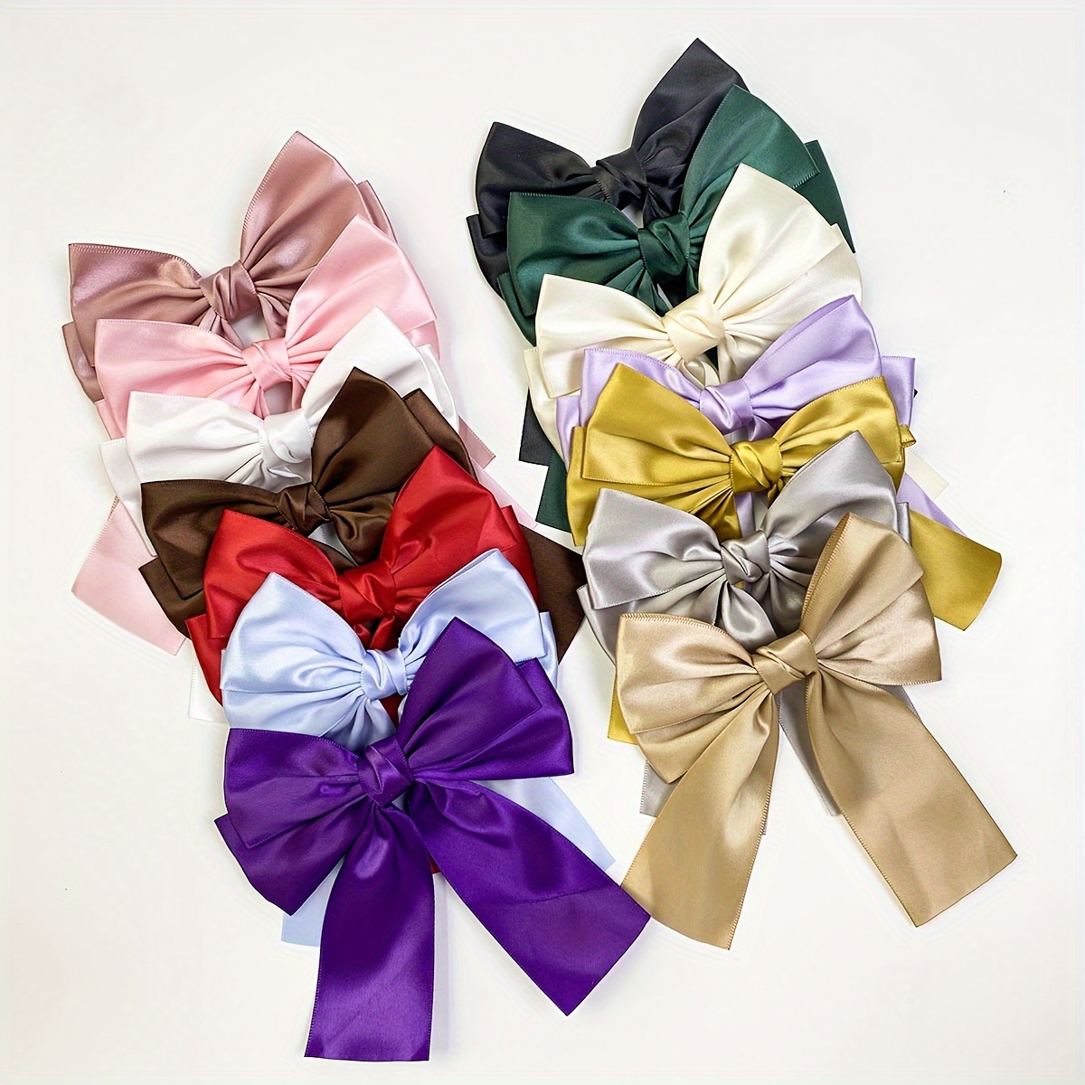 

14pcs Elegant French Satin Bow Hair Clips Set - Solid Color, 3d Ponytail Holders For Women & Girls - Parties, Weddings, And Photo , Hair Accessories, Head Decoration