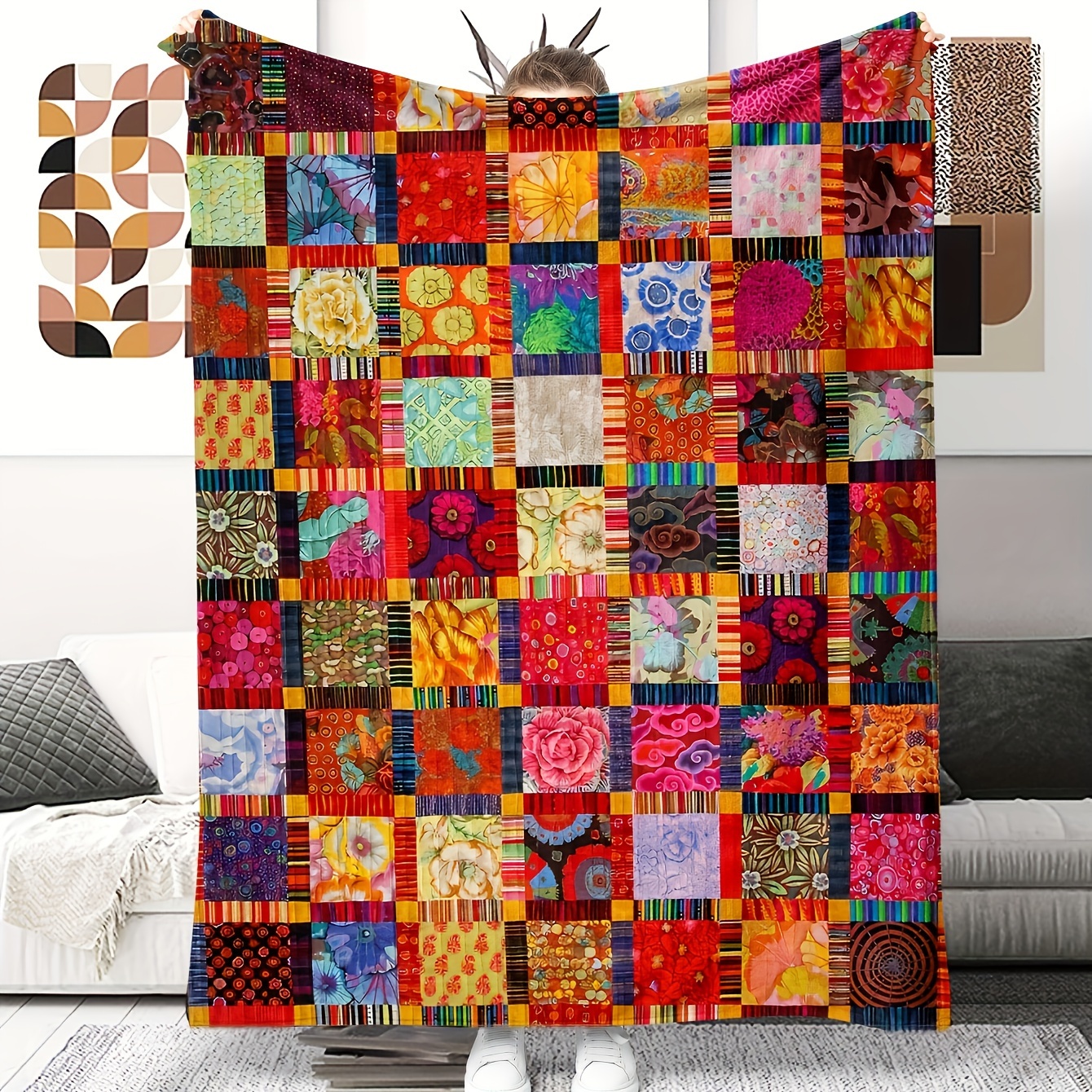 

Vintage Patchwork Blanket – Flannel Fleece, Soft Cozy , Multipurpose Office, Outdoor, Travel Blanket, Stain Resistant, Machine Washable, Polyester – Quilting