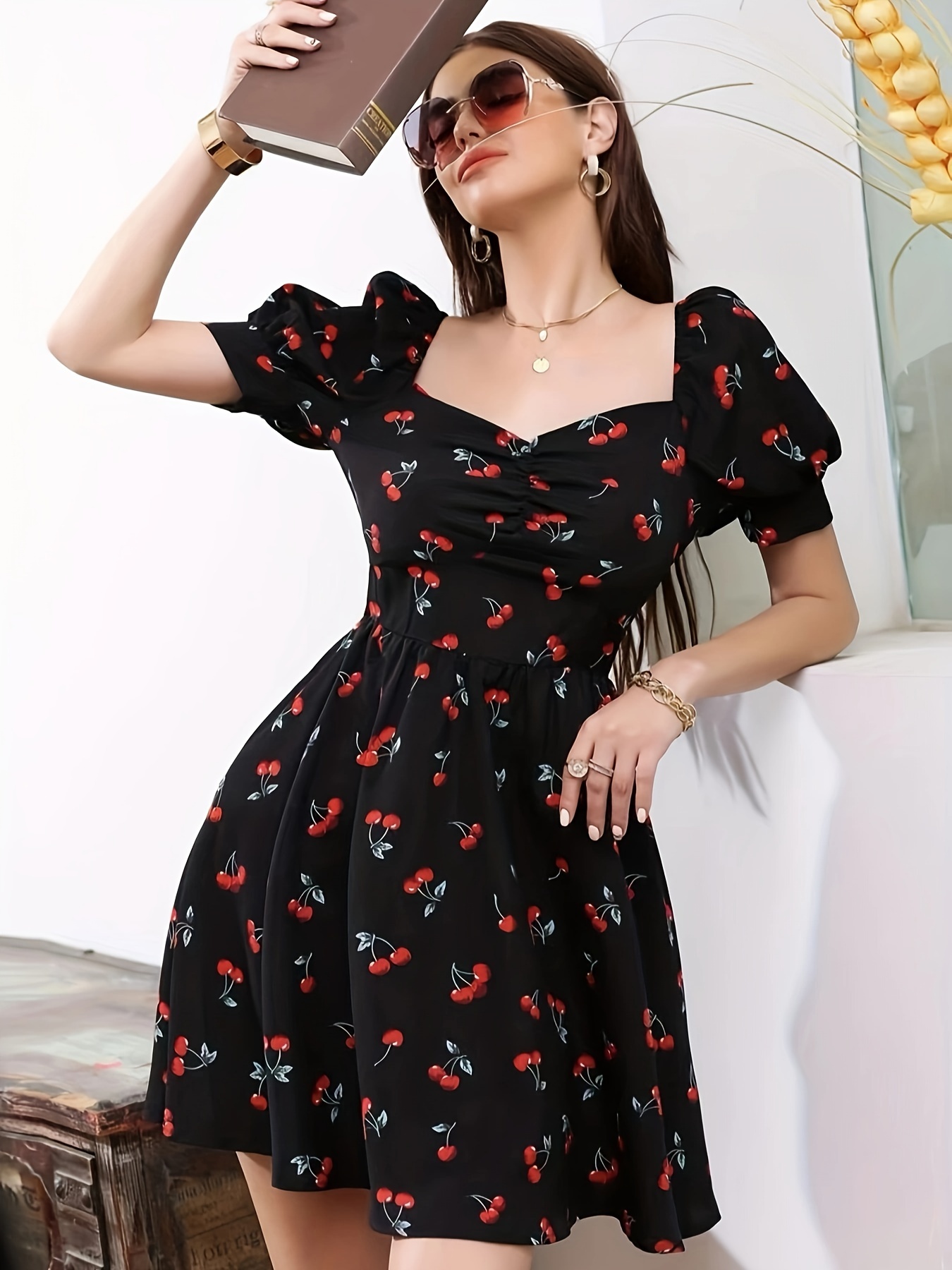 Buy Canrulo Womens V Neck Short Sleeve Vintage Midi Summer Dresses with  Cherry Print (US 12, Dark Blue) Online at desertcartBAHRAIN