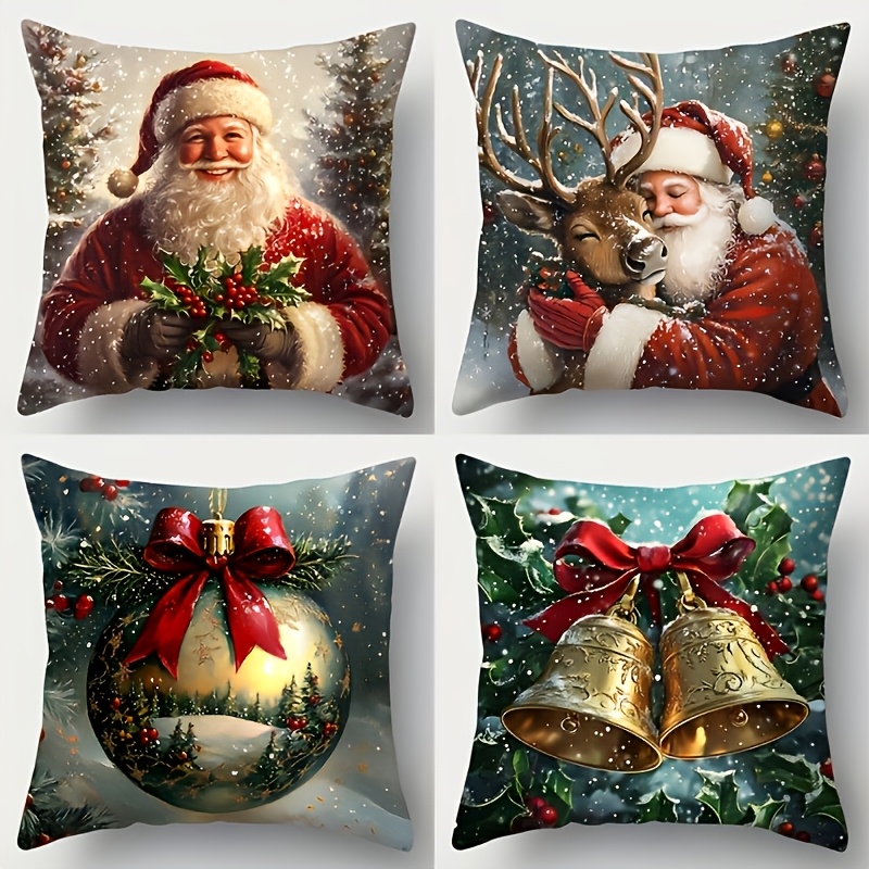 TEMU Ensemble de 4 housses de coussin de Noël avec motif de Père Noël et de cloches, impression -, tailles 16/18/20 pouces, housses de coussin