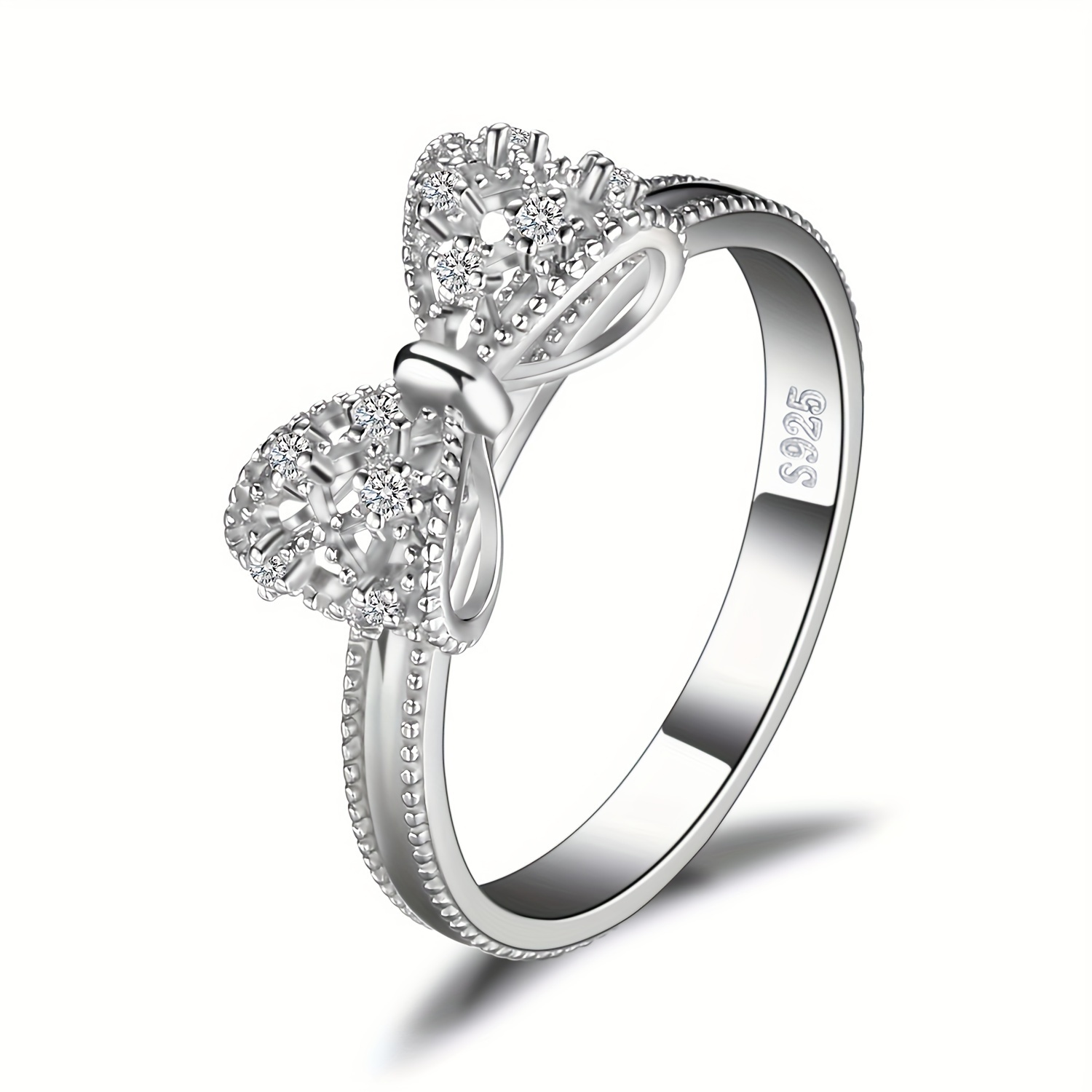 TEMU 1pc 925 Sterling Silver Simple And Elegant Bowknot Design Cz Decor Silver Ring For Woman For For Dating Gift For Daily Decoration Fine Jewelry