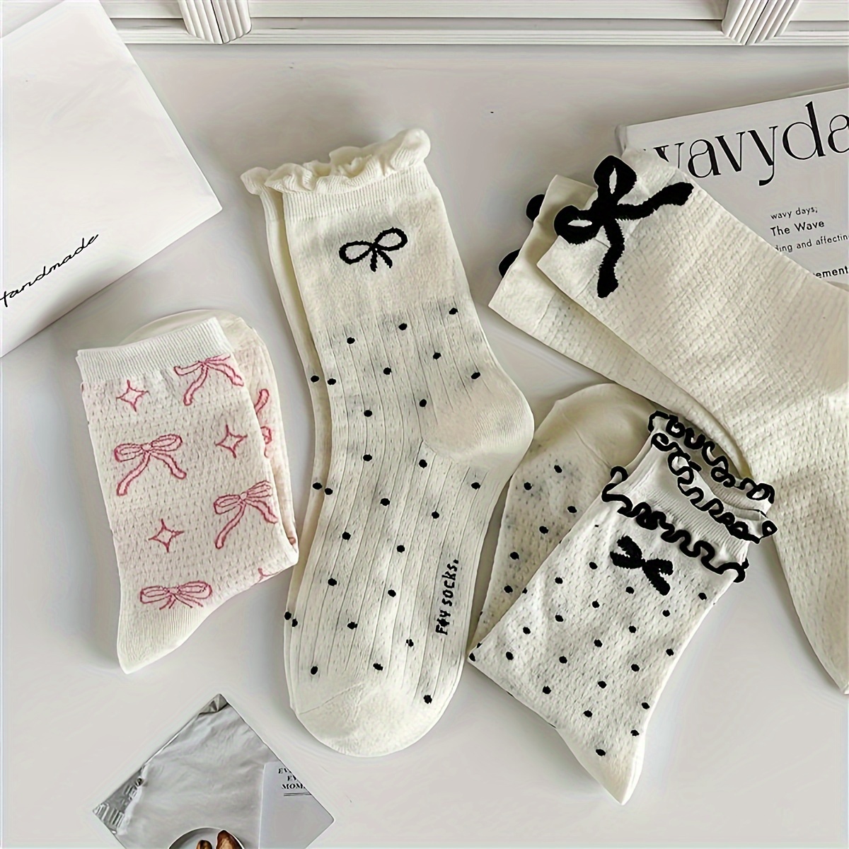 TEMU 4 Pairs Bow Print Ruffle Socks, Cute & Sweet Mid Tube Socks, Women's Stockings & Hosiery