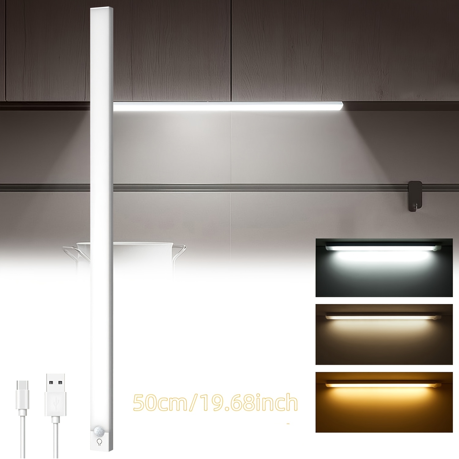E-shop NBBUFF 50cm-10cm USB-Typ-C Wiederaufladbares LED-Nachtlicht mit Magnetischem Bewegungssensor - 3 Farbtemperaturen, Stufenloses Dimmen,