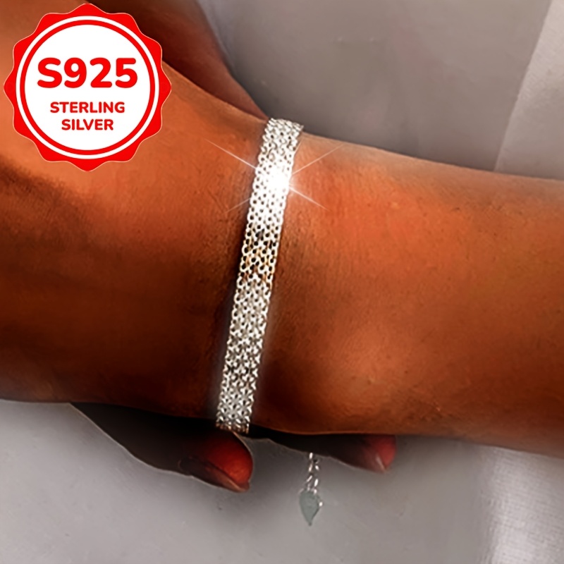 TEMU 1pc Women's Fashion Bracelet, S925 Sterling Silvery Bohemian Embossed Mesh Flat Bracelet, Elegant Jewelry For Women, Gift For A , Party Gift,