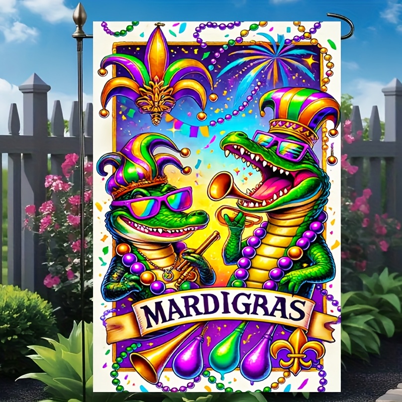 

1pc Bright Colored Mardi Gras Alligator Carnival Garden Flag - Double Sided Yard Decoration For Home, Outdoors, Garden, Festivals - No Flagpole Required