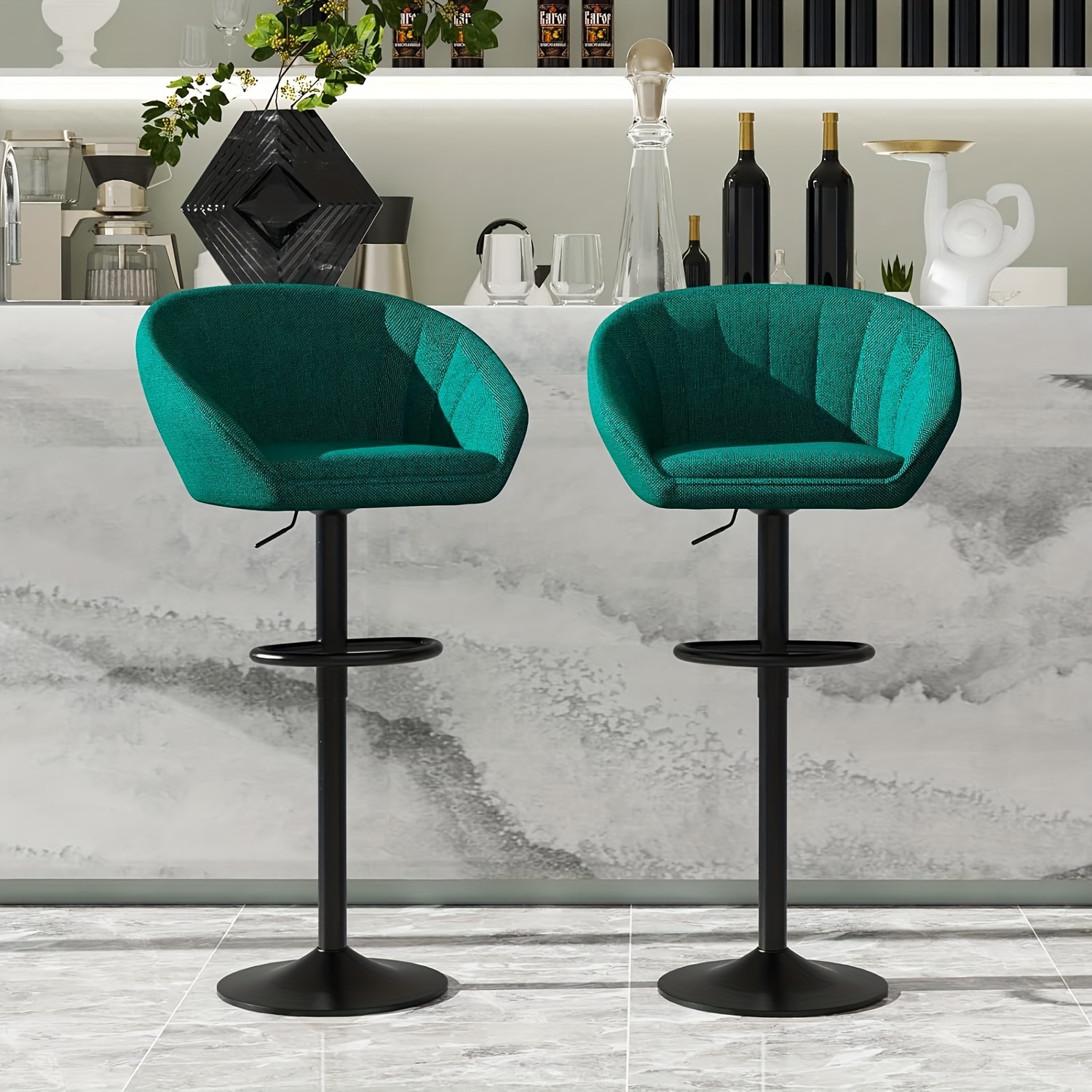 Pair Of 2 Bar Stools, Linen Adjustable Bar Chairs, Counter Seating, Rotating Kitchen Stool, Height-adjustable Bar Stool For Kitchen, Bar, Counter, Home Bar, Green