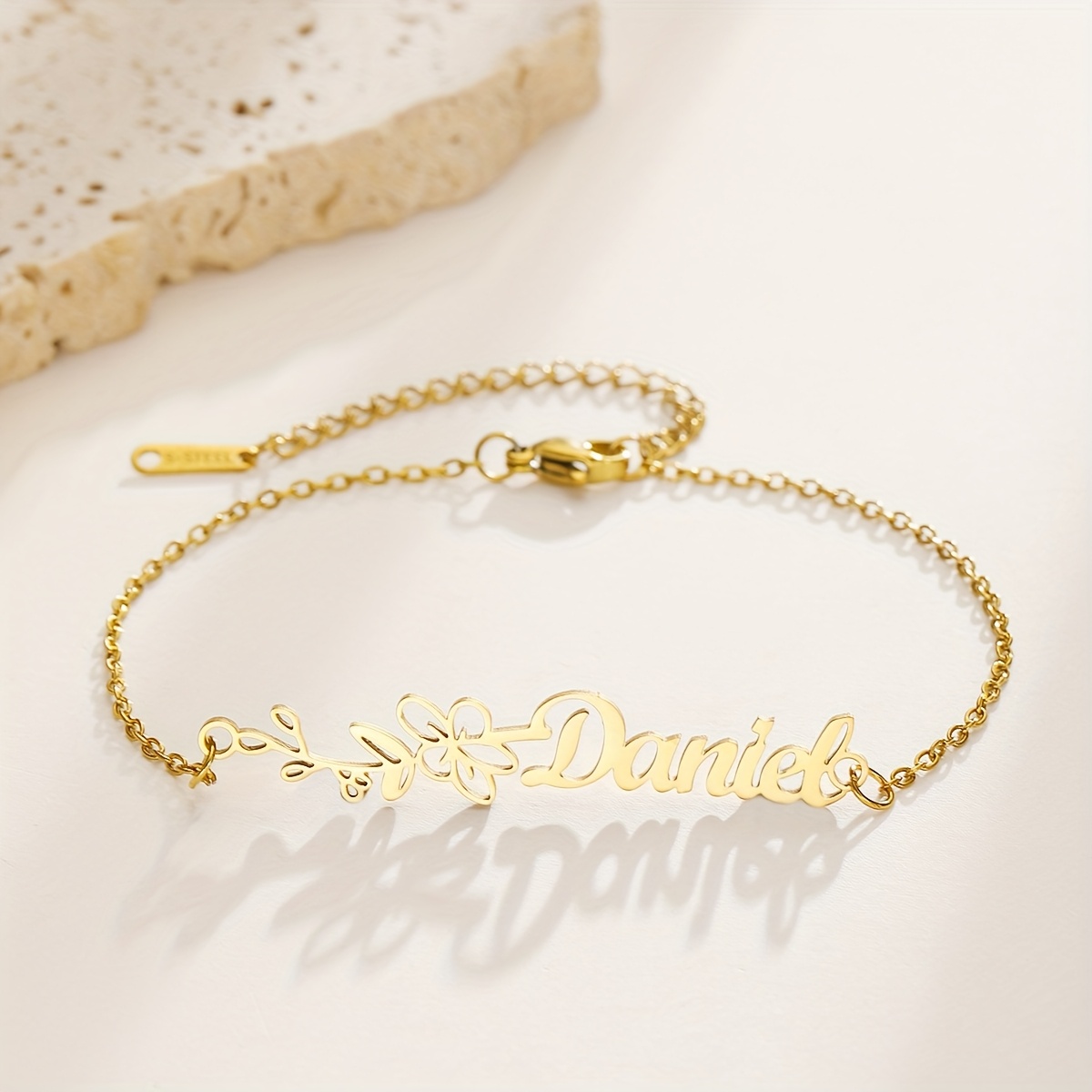 Personalized Birth Flower Name Bracelet, Minimalist Floral Design