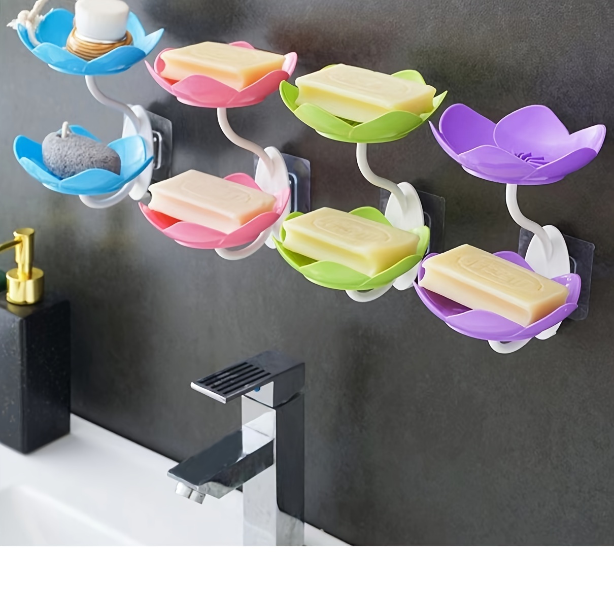 

1pc Lotus Flower Soap Holder, Double Layer No-drill Wall-mounted Soap Dish, Quick Drainage With Hollow Bottom, Multi-color Plastic Bathroom Soap Organizer