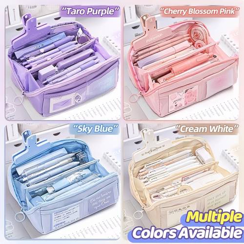 layer large capacity multi compartment storage pouch in multiple colors blue beige black and brown ideal as a student pencil case for stationery organization and a for tidying a must have
