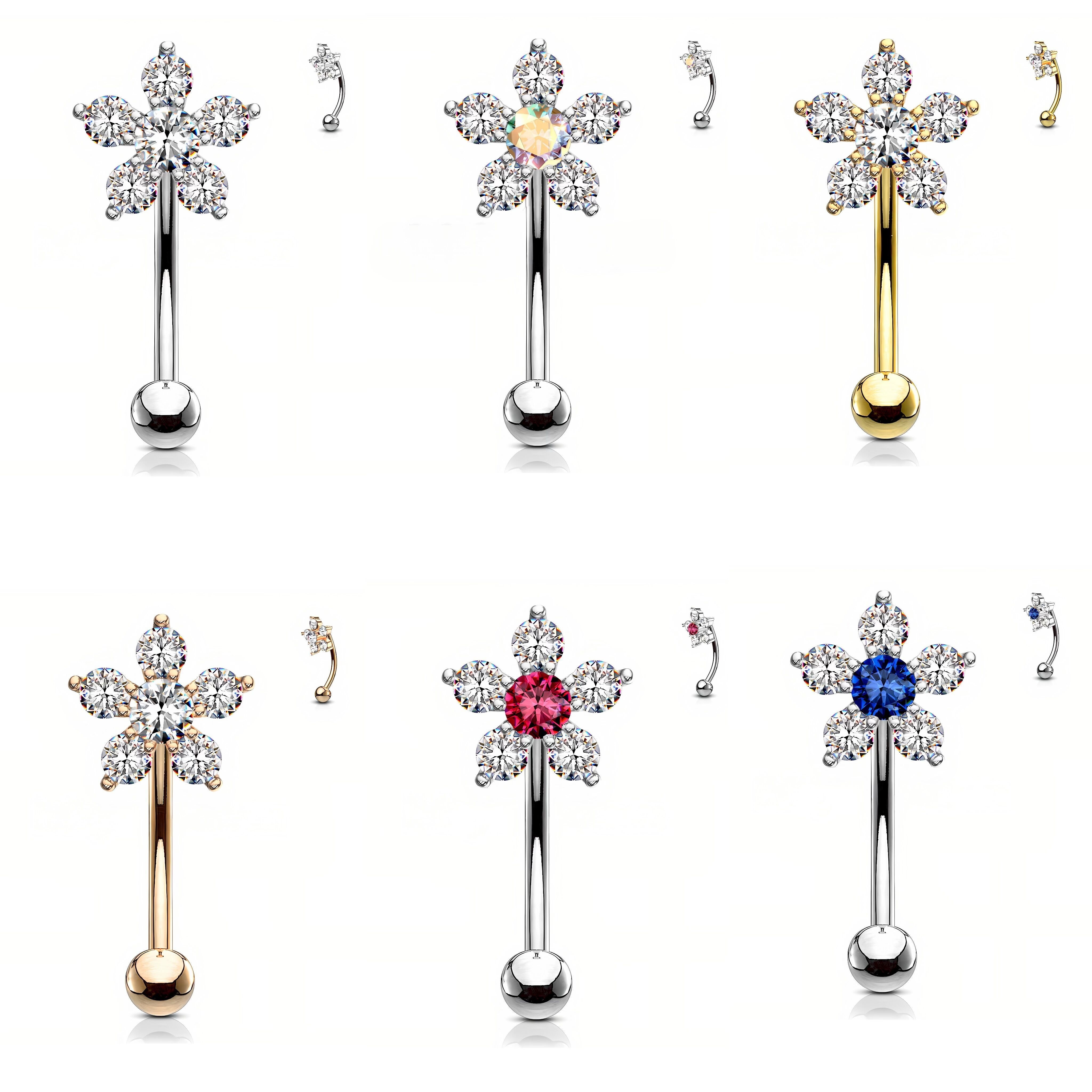 

Vibrant , Elegant & Cute Floral Eyebrow Stud - Five- , Stainless Steel Curved Needle, Synthetic Zirconia Inlay - Parties & Festivals