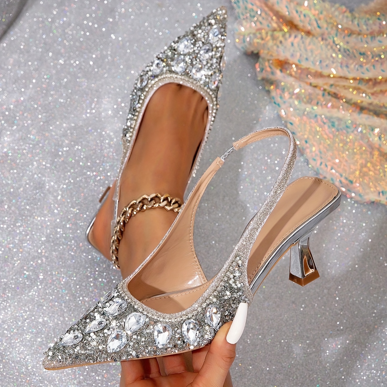 

Women's Glitter Pointed Toe Kitten Heels, Rhinestone Stiletto Sparkly Slim Ankle Strap Sandals, Elegant Wedding Party Shoes