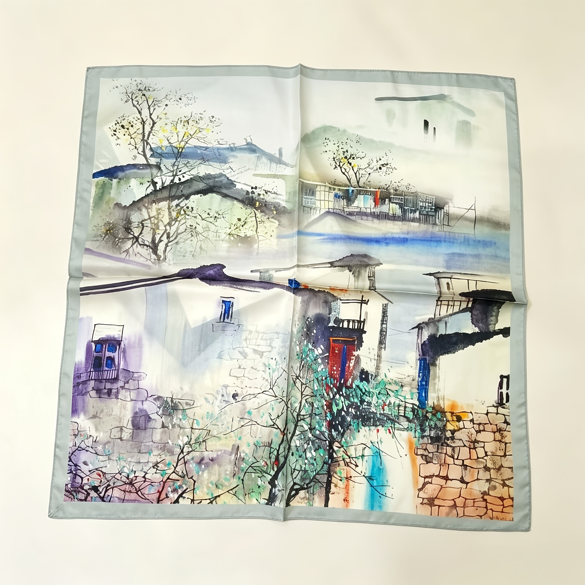TEMU Oaw Luxury - Oversized Square Suitable For Skin Types, Traditional Chinese Ink-wash Landscape Design With European Style, Soft Breathable Shawl