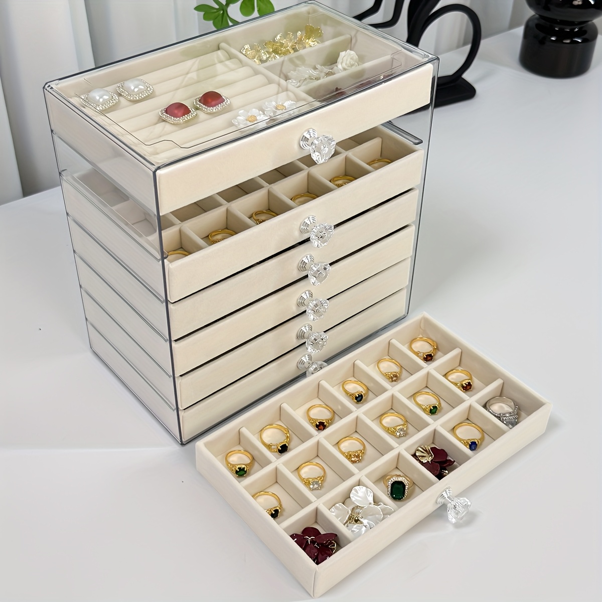 7 layer transparent plastic jewelry organizer box with fabric lined compartments secure   closure contemporary octagonal design multi use desktop storage for earrings rings necklaces jewelry organizer storage durable polished   jewelry boxes Product details 8