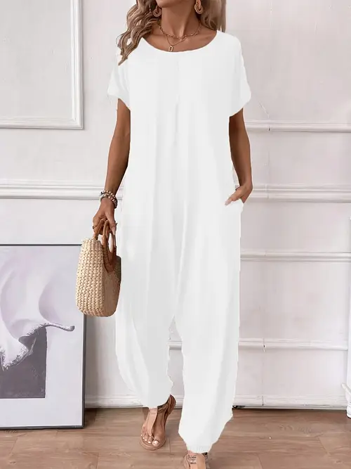 womens lightweight purple jumpsuit with pockets casual round neck short sleeve wide leg design for spring summer leisure 100 polyester machine washable scacto