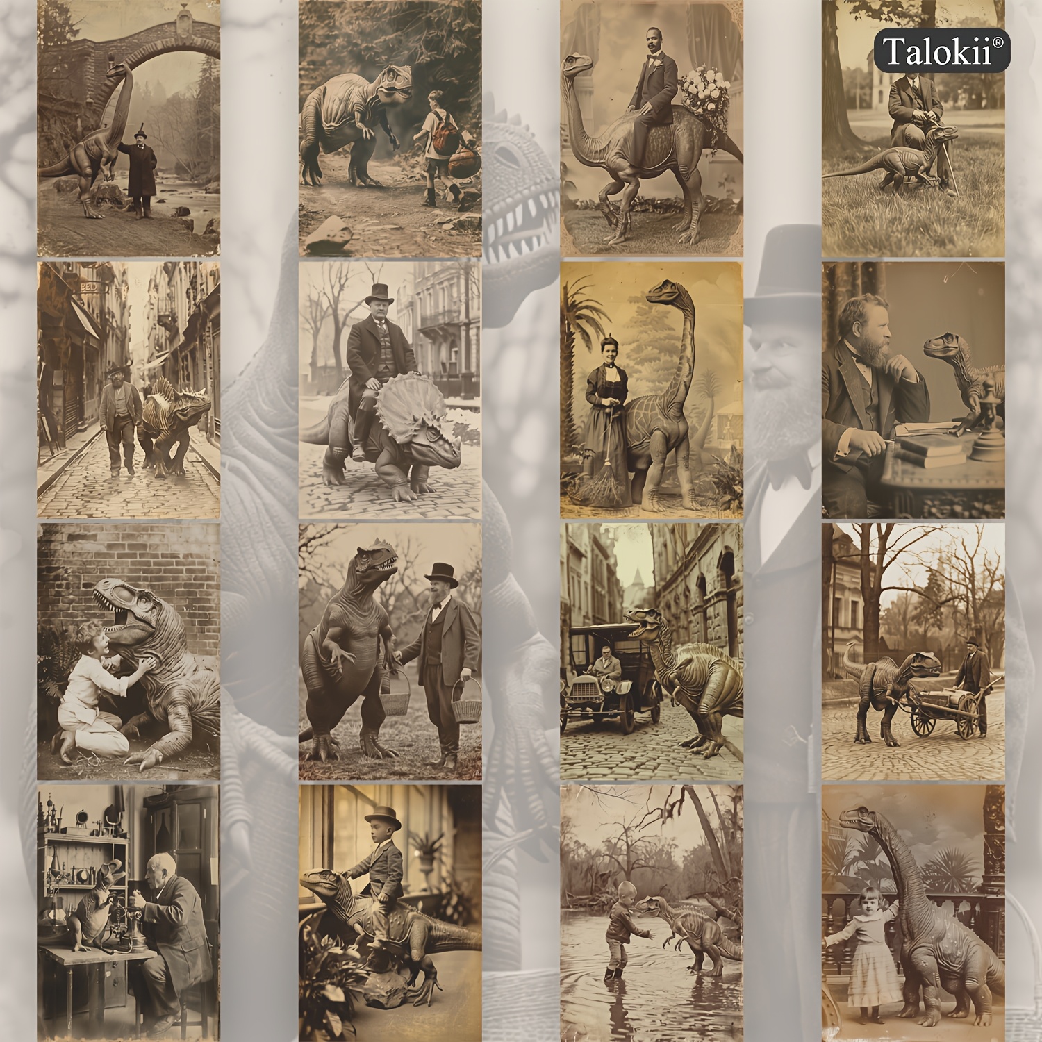 TEMU 16-pack Vintage Dinosaur Victorian Portrait Postcards, 10×14cm (4×6 Inch) Retro Old Photo Gentleman Lady Dino Collage Cards For Journaling,