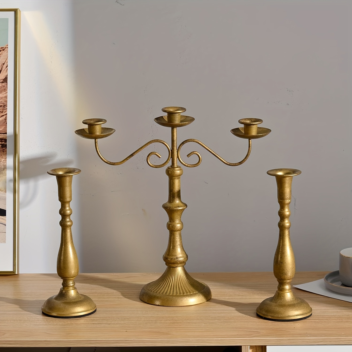 

Metal Golden Candelabra 3 Arms With 2pcs Candlestick Holder, Vintage Candle Holders Set For Living Room Table Centerpiece, Wedding Decpr, Party Birthday Christmas Mantel Decoration