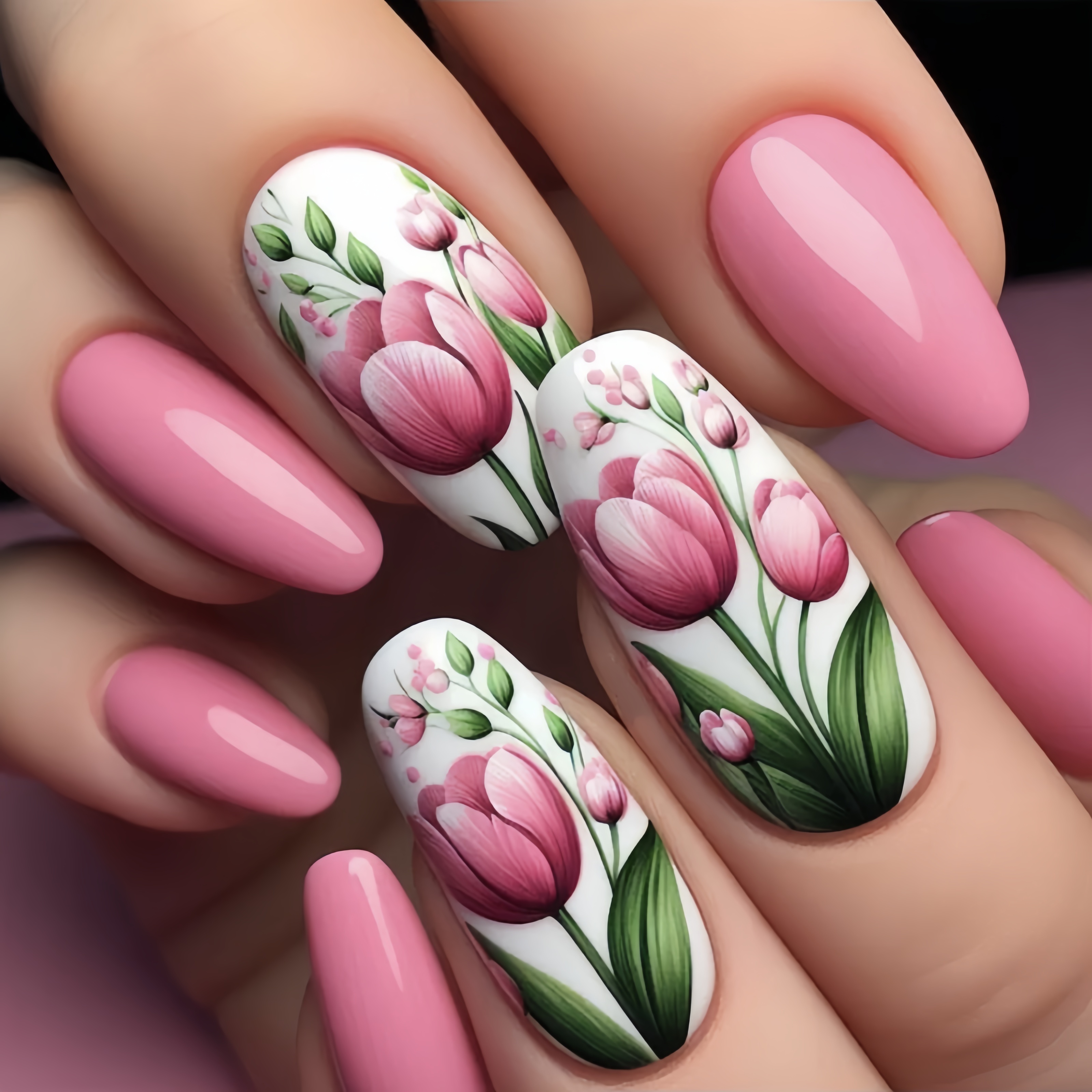 

24pcs Almond-shaped Press-on Nails Set - Medium Length, Pink Floral & Solid With Glossy Finish For Hands, Feet & Nail Care