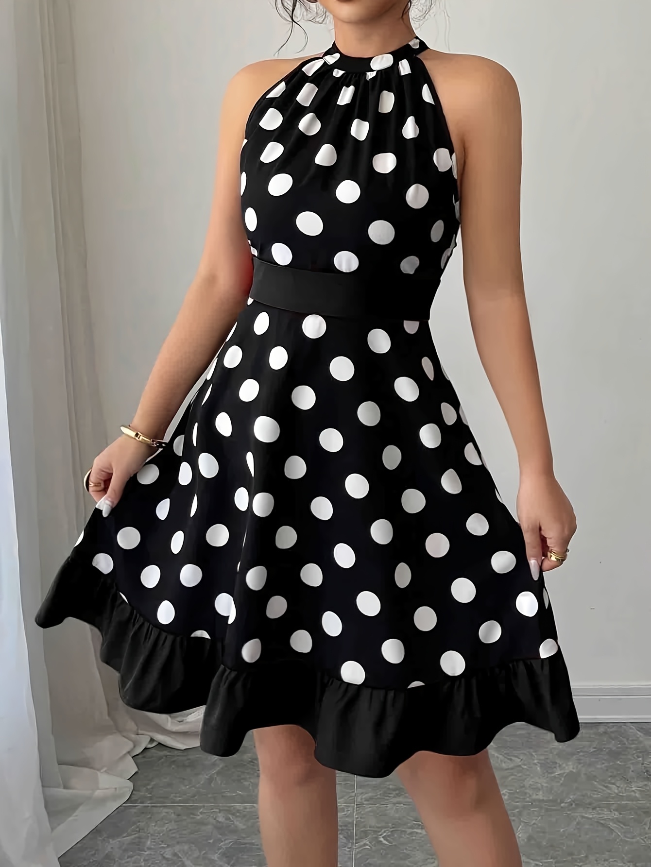 Women's Summer Elegant Polka Dot Print Halter Neck Short Dress