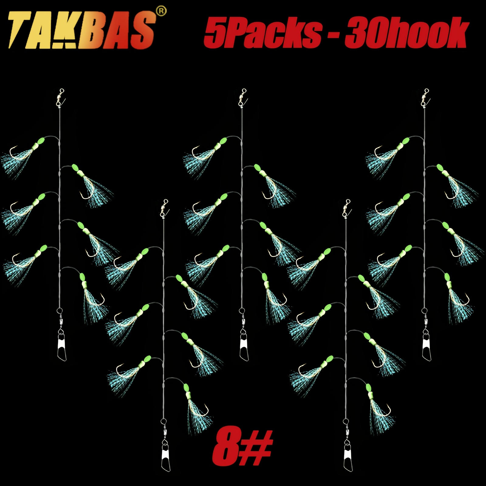 Takbas 5pcs/30 Hooks Sabiki Rigs, Mackerel Fishing Bait Rigs For Freshwater/saltwater, Pre Tied Sea Fishing Rigs With Luminous Beads Lure Rigs For Mackerel, , Cod, Herring, Bass, Whiting