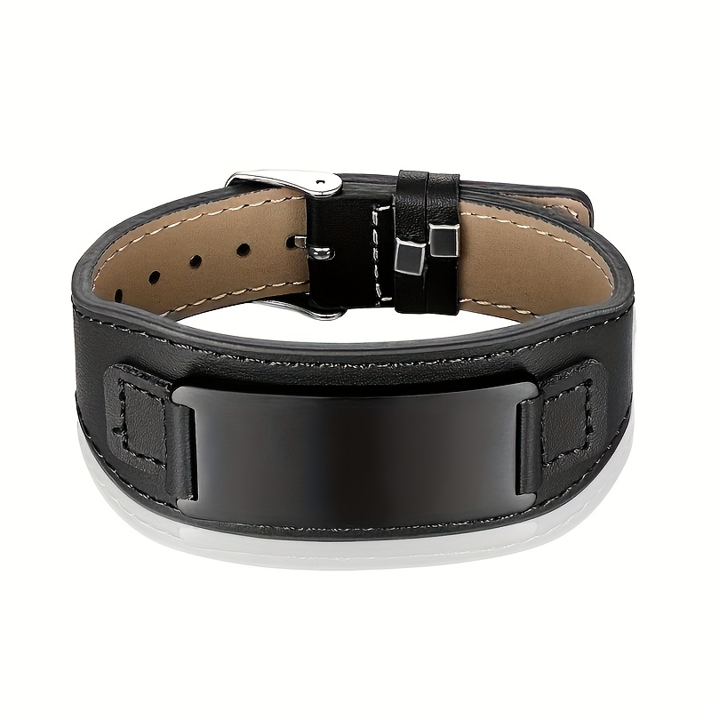 TEMU 1/2pcs Customizable Laser Engraved Titanium 304 304 Stainless Steel Curved Tag Two-layer Cowhide Bracelet, Adjustable Strap Faux Leather Men's