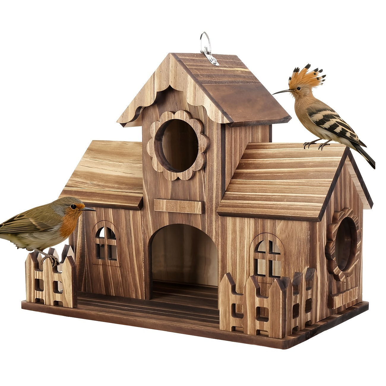 TEMU Bird Houses For Outside With Fence Platform, 4-hole Wooden Bird House, One-piece Spacious Design, Hanging Birdhouse With Dual Hooks, Fits For Garden Backyard
