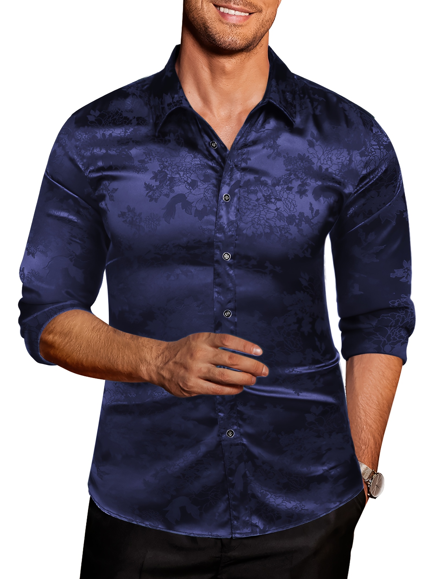 mens silky dress shirt jacquard floral button wedding prom - Temu