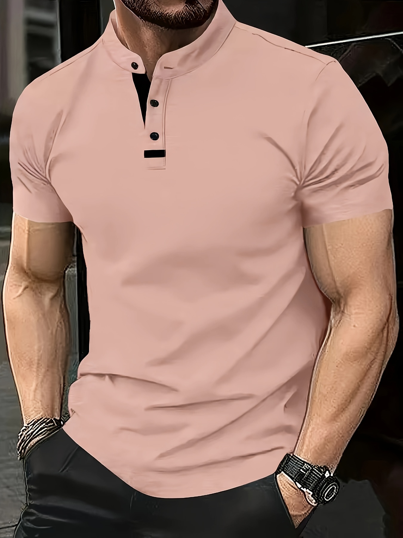 Plus-Size Men's Short-Sleeve Casual T-Shirt - Slight Elasticity, Classic Solid Color & Button Detail, Breathable Stand-Up Collar for Spring/Summer Wear, Stylish Plussize Top, PLUS SIZE
