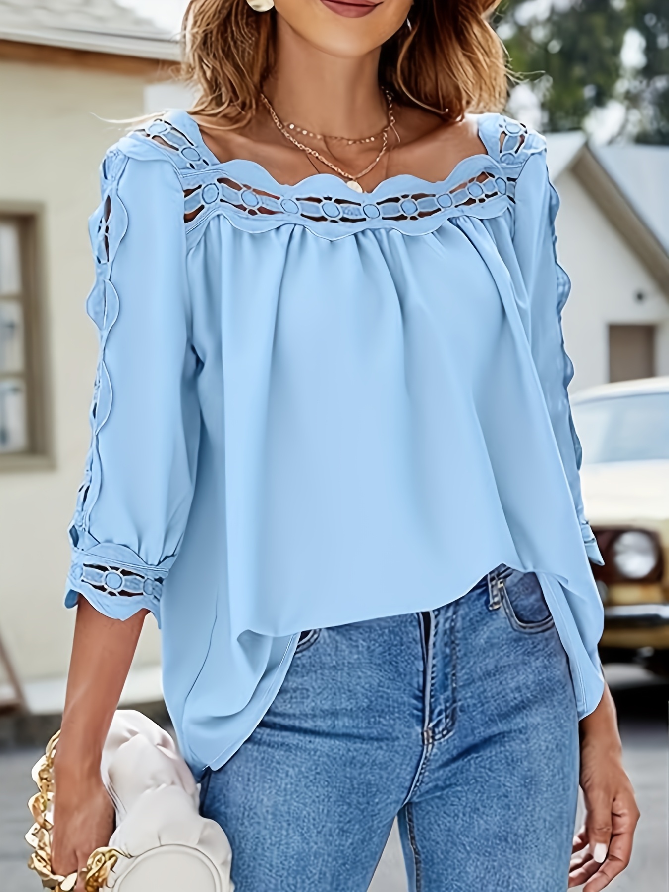 plus size women's elegant lace trim blouse lightweight 3/4 Temu